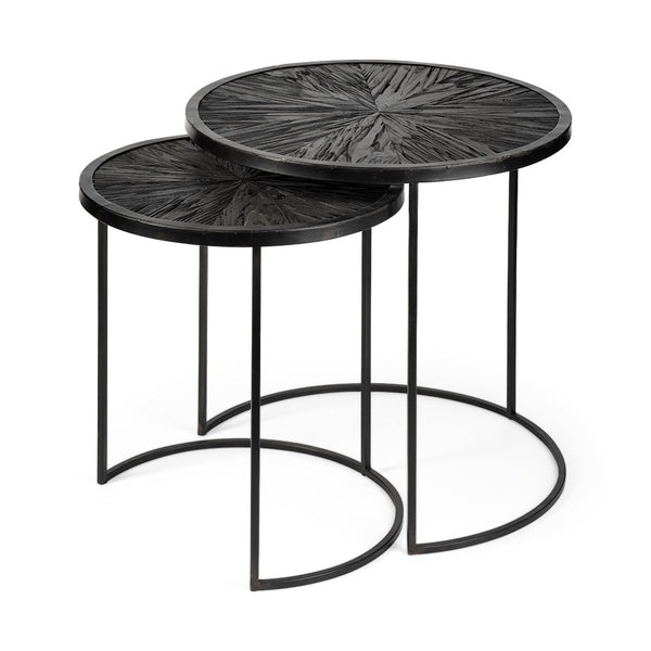 Mercana Chakra 19.7" Set of Two Round Dark Wood Top Iron Frame Accent Tables for Modern Living Spaces 68987
