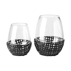 Mercana Reena Small Woven Metal Base Candle Holder with Hurricane Glass for Stylish Home Décor Lighting Black Metal | 10H 68939