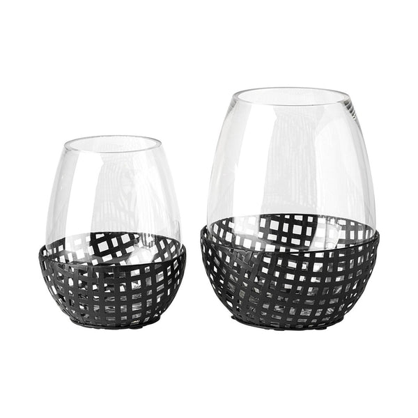 Mercana Reena Small Woven Metal Base Candle Holder with Hurricane Glass for Stylish Home Décor Lighting Black Metal | 10H 68939