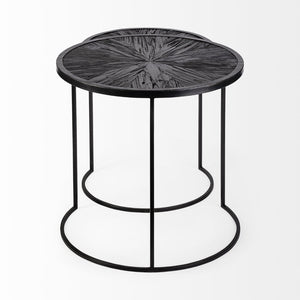 Mercana Chakra 19.7" Set of Two Round Dark Wood Top Iron Frame Accent Tables for Modern Living Spaces 68987