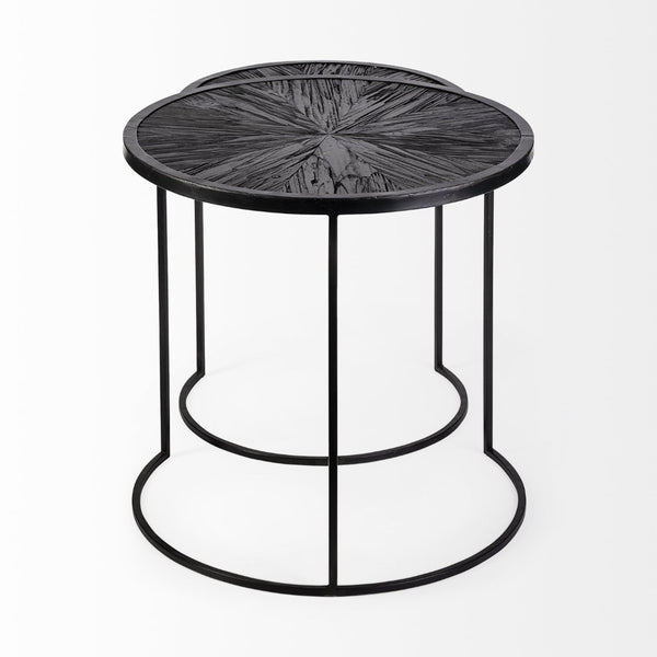 Mercana Chakra 19.7" Set of Two Round Dark Wood Top Iron Frame Accent Tables for Modern Living Spaces 68987