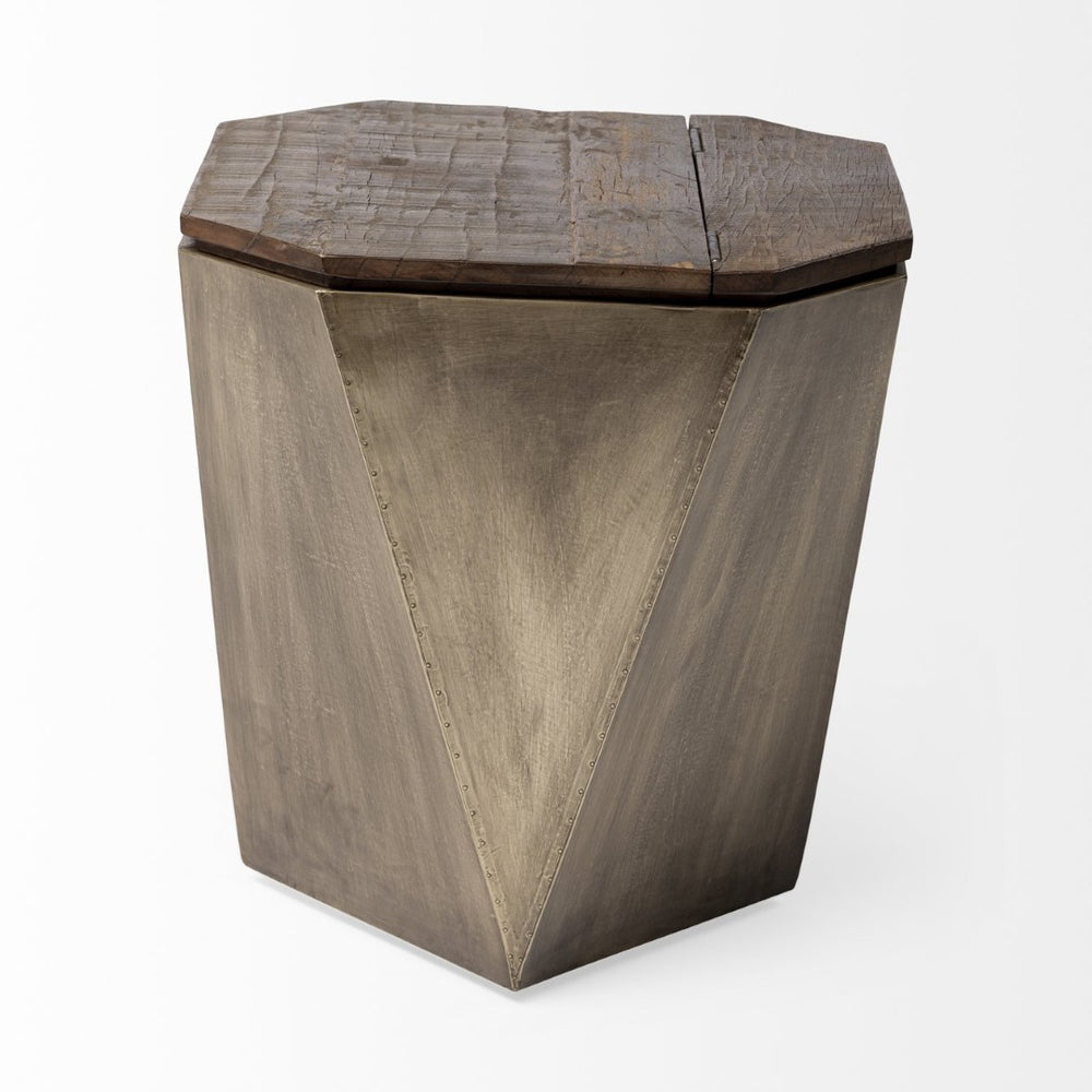 Mercana Esagono Octagonal Reclaimed Wood End Table with Storage - Rustic Industrial Accent for Any Space Natural Wood | Brass 68902
