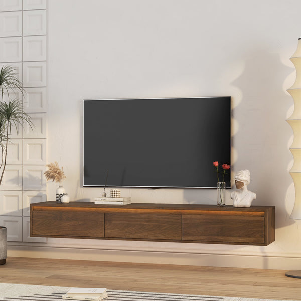 English Elm Floating TV Stand with LED Touch Light, Built-In Power & USB Ports, High-Gloss Wood TV Cabinet, Hidden Cord Management and Ample Storage for Living Room Entertainment W1321P272342