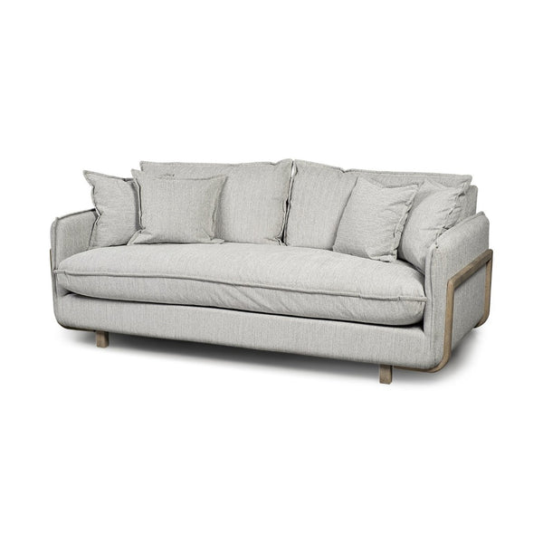Mercana Roy 84" Upholstered Three-Seater Sofa with Detachable Cushions and Throw Pillows for Ultimate Comfort Frost Gray Fabric | Brown Wood 68712