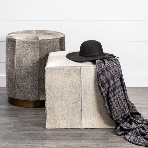 Mercana Zahavi I Handcrafted Cowhide Ottoman - Versatile Cube Accent for Modern, Boho, or Luxe Interiors Gray Hair-On-Hide | Gold Metal | 20W 69056