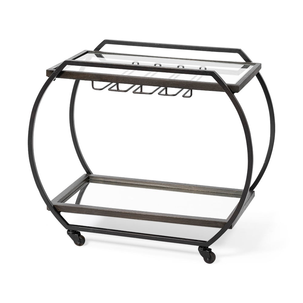 Mercana Chriselle Two-Tier Rolling Bar Cart with Oval Frame and Mirrored Shelf for Stylish Entertaining Spaces 69086