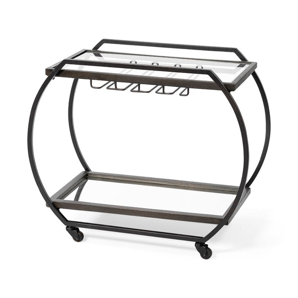 Mercana Chriselle Two-Tier Rolling Bar Cart with Oval Frame and Mirrored Shelf for Stylish Entertaining Spaces 69086
