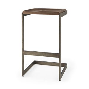 Mercana Kiran C-Shape Stool: Stylish Mango Wood Seat with Matte Iron Base for Modern Home and Bar Spaces Brown Wood | Antique Nickel | Bar 69173