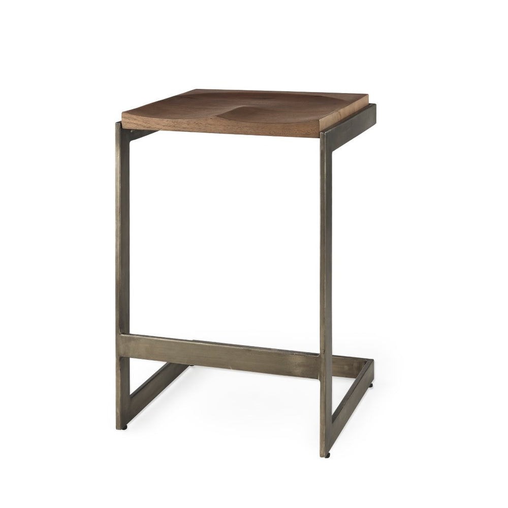 Mercana Kiran Minimalist Mango Wood Stool with Sleek Iron Base for Modern, Farmhouse, or Urban Interiors Brown Wood | Antique Nickel | Counter 69174