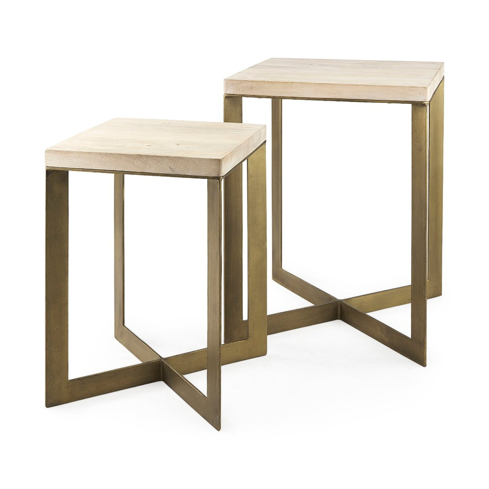 Mercana Faye Versatile Nesting Accent Tables for Modern Living Spaces - Durable Wood and Metal Design Beige Wood | Gold Metal | Set of 2 69179