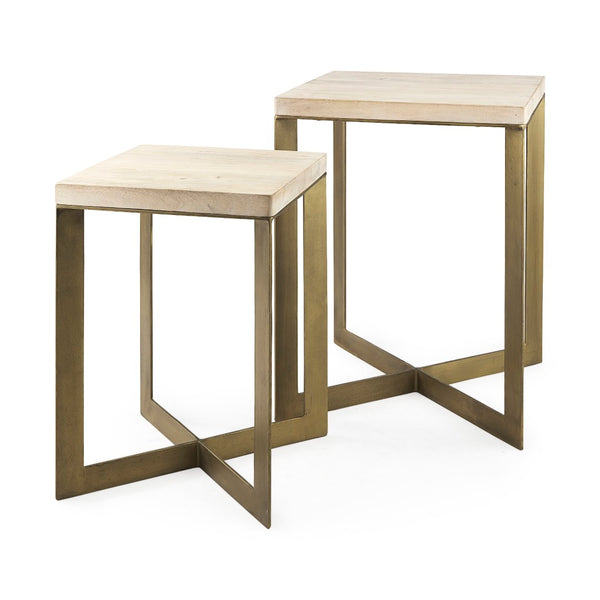 Mercana Faye Versatile Nesting Accent Tables for Modern Living Spaces - Durable Wood and Metal Design Beige Wood | Gold Metal | Set of 2 69179