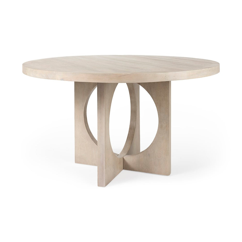 Mercana Liesl Round Solid Mango Wood Dining Table with Geometric Pedestal - Contemporary Mid-Century Design 54" Gray Wood Top | Gray Wood Base 69184