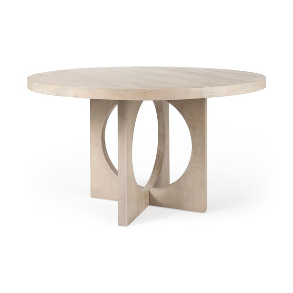 Mercana Liesl Round Solid Mango Wood Dining Table with Geometric Pedestal - Contemporary Mid-Century Design 54" Gray Wood Top | Gray Wood Base 69184