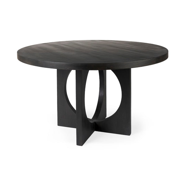 Mercana Liesl Round Solid Mango Wood Dining Table with Geometric Pedestal - Contemporary Mid-Century Design 54" Black Wood Top | Black Wood Base 69185