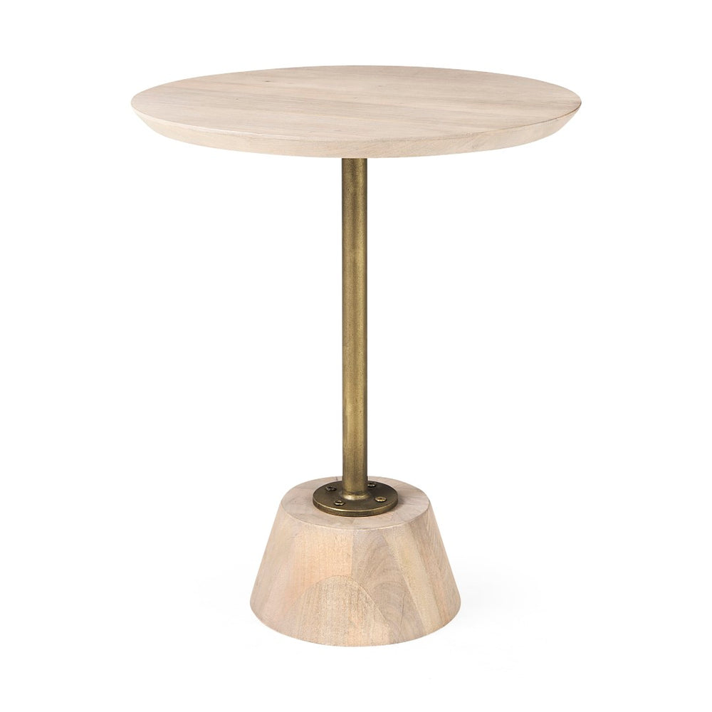 Mercana Maxwell 20" Round Wood Pedestal Side Table – Elegant Accent for Modern Living Spaces and Corners Light Brown Wood | Gold Metal 69205