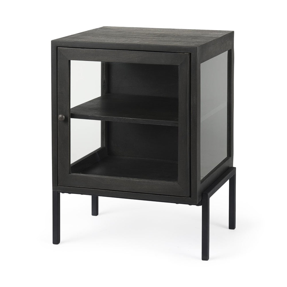 Mercana Arelius End Table: Elegant Mango Wood with Glass Shadowbox and Matte Black Frame for Modern Living Dark Black-Brown Wood | Black Metal 69207