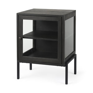 Mercana Arelius End Table: Elegant Mango Wood with Glass Shadowbox and Matte Black Frame for Modern Living Dark Black-Brown Wood | Black Metal 69207