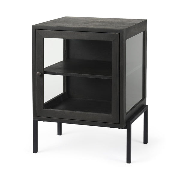 Mercana Arelius End Table: Elegant Mango Wood with Glass Shadowbox and Matte Black Frame for Modern Living Dark Black-Brown Wood | Black Metal 69207