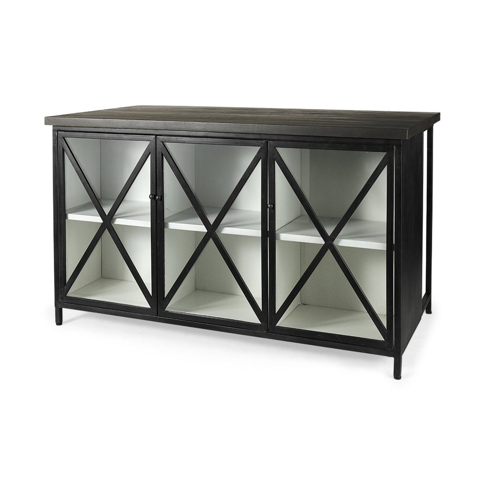 Mercana Dimitra Industrial Kitchen Island with Glass Doors and Solid Wood Top for Stylish Storage Solutions 69211