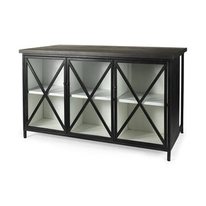 Mercana Dimitra Industrial Kitchen Island with Glass Doors and Solid Wood Top for Stylish Storage Solutions 69211