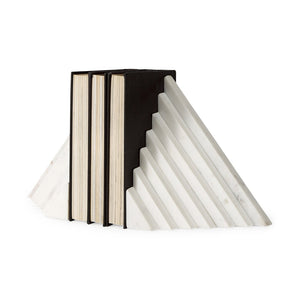 Mercana Sophia Elegant Stepped Pyramid Marble Bookends - Unique Architectural Accent for Modern Spaces White Marble | Stacked Lines 69215