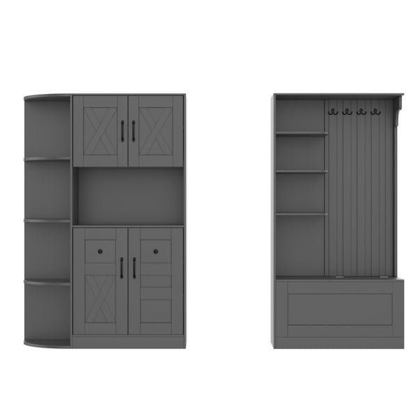 English Elm Multifunctional Modular Hall Tree Cabinet with Open Shelves and Hooks for Entryway Black W1580S00566