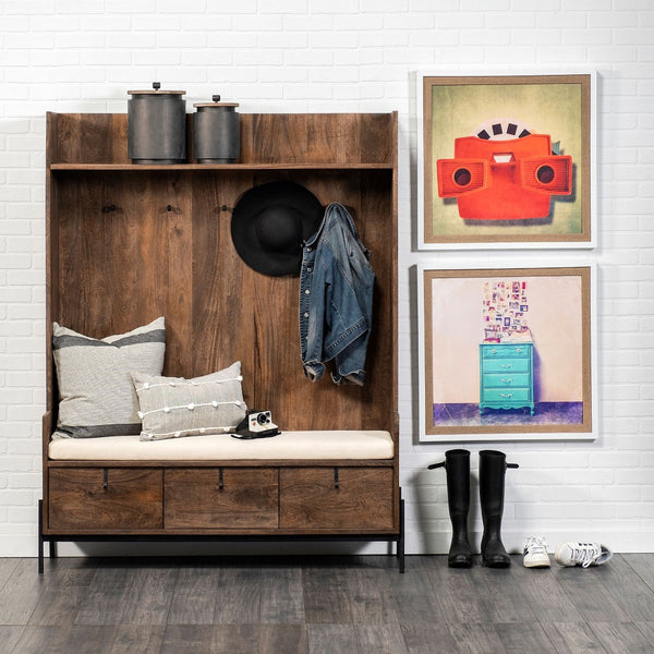 Mercana Glenn Contemporary Hall Tree with Cream Fabric Seat, 3 Drawers & Hooks for Stylish Entryway Storage 69019