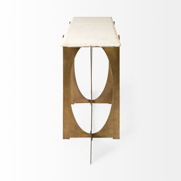 Mercana Reinhold Luxe Console Table: Stunning White Marble Top with Sculptural Gold Metal Base for Elegance White Marble | Gold Metal 68660-AB