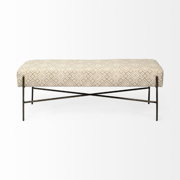 Mercana Avery Upholstered Accent Bench with Antique Metal Base – Stylish Entryway & Living Room Seating Off-White Fabric | Nickel Metal 68742