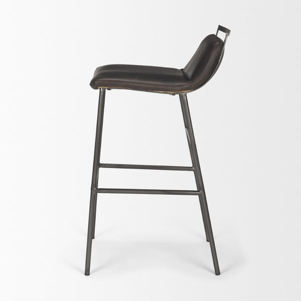 Mercana Kavalan Modern Industrial Counter Stool with Genuine Leather Seat and Durable Sturdy Metal Frame Ebony Leather | Black Metal | Bar 68766