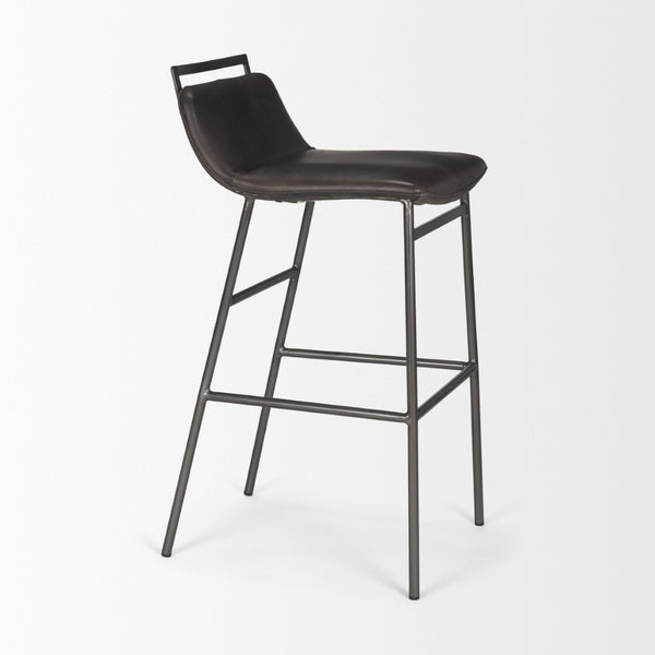 Mercana Kavalan Modern Industrial Counter Stool with Genuine Leather Seat and Durable Sturdy Metal Frame Ebony Leather | Black Metal | Bar 68766