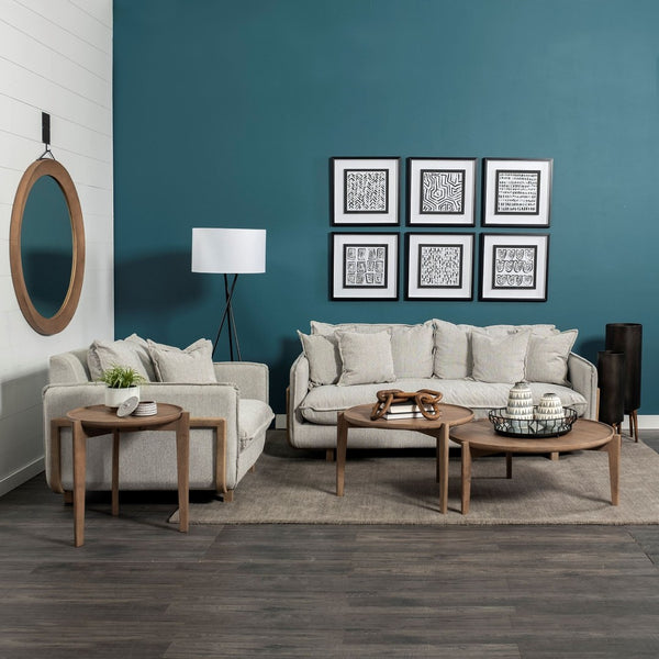 Mercana Roy 84" Upholstered Three-Seater Sofa with Detachable Cushions and Throw Pillows for Ultimate Comfort Frost Gray Fabric | Brown Wood 68712