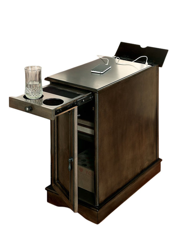 English Elm Transitional Side Table with Built-In USB & Power Dock, Pull-Out Cup Holder and Spacious Cabinet Storage Gray 15 L x 27 W x 27 H B2741P341687