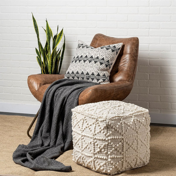 Mercana Leroy Square Cream Wool Pouf – Handwoven Textured Accent for Cozy Modern Living Spaces and Decor 68390