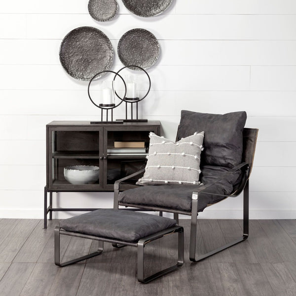 Mercana Hornet Compact 14" Ottoman - Modern Industrial Elegance with Genuine Leather Cushion and Metal Base 67603