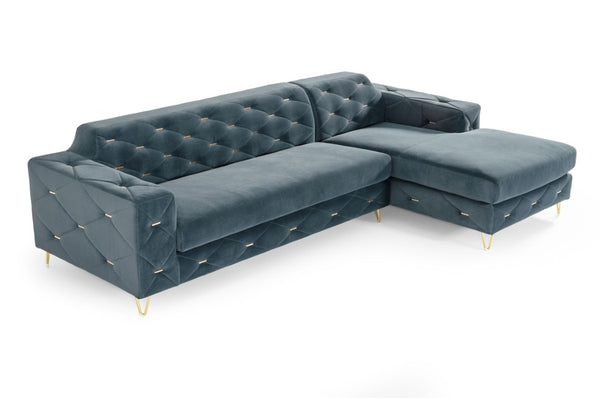 VIG Furniture Chesterfield Blue Velvet Right-Facing Sectional Sofa With Gold Trim, Tufted 82-Button Luxury Seating VG2T1222