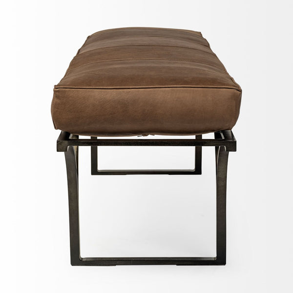 Mercana Jessie Accent Bench: Luxurious Leather Upholstery with Sturdy Metal Base for Modern Living Spaces Brown Leather | Black Metal 69062
