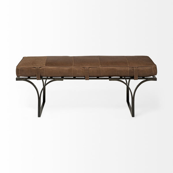 Mercana Jessie Accent Bench: Luxurious Leather Upholstery with Sturdy Metal Base for Modern Living Spaces Brown Leather | Black Metal 69062