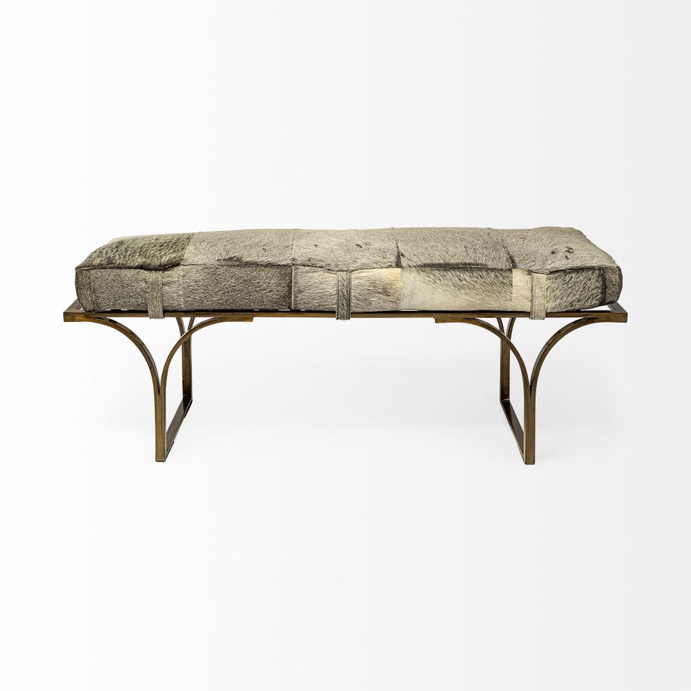 Mercana Jessie Accent Bench: Luxurious Leather Upholstery with Sturdy Metal Base for Modern Living Spaces White/Gray Hair-On-Hide | Gold Metal 69060