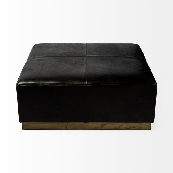 Mercana Minara 36" Square Ottoman – Stylish Leather & Metal Accent for Modern Living Spaces & Versatile Use Black Leather | Gold Metal 69059
