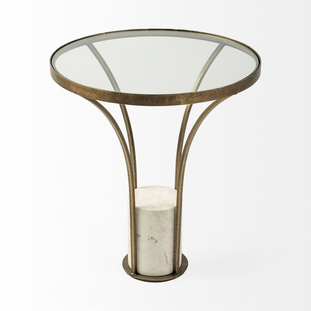 Mercana Jacinta 21" Round Pedestal End Table – Luxe Art Deco Style with Sculptural Iron Frame & Clear Top 69053-AB