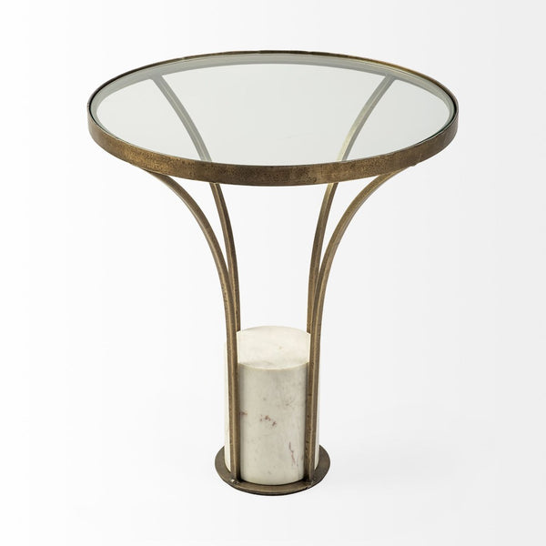 Mercana Jacinta 21" Round Pedestal End Table – Luxe Art Deco Style with Sculptural Iron Frame & Clear Top 69053-AB