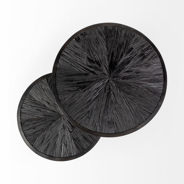 Mercana Chakra 19.7" Set of Two Round Dark Wood Top Iron Frame Accent Tables for Modern Living Spaces 68987