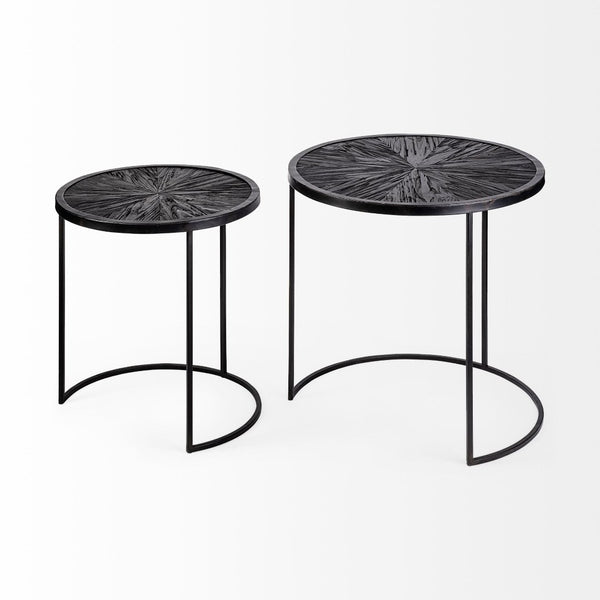Mercana Chakra 19.7" Set of Two Round Dark Wood Top Iron Frame Accent Tables for Modern Living Spaces 68987