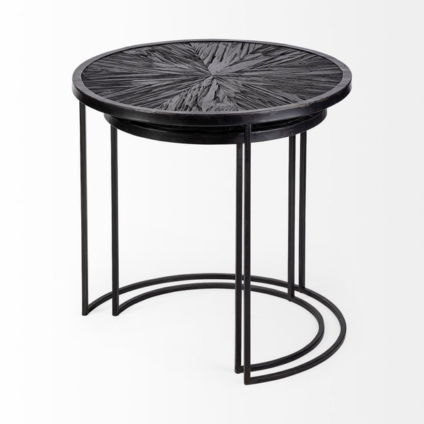 Mercana Chakra 19.7" Set of Two Round Dark Wood Top Iron Frame Accent Tables for Modern Living Spaces 68987