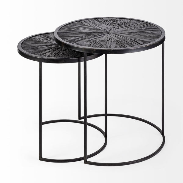 Mercana Chakra 19.7" Set of Two Round Dark Wood Top Iron Frame Accent Tables for Modern Living Spaces 68987