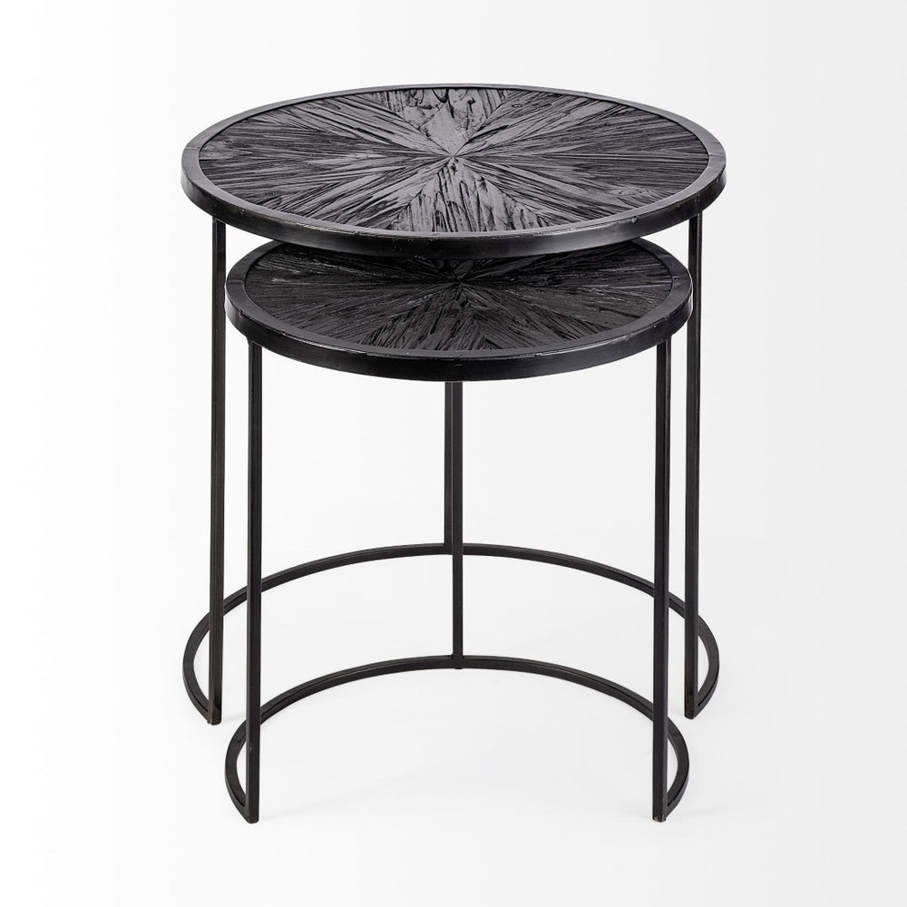 Mercana Chakra 19.7" Set of Two Round Dark Wood Top Iron Frame Accent Tables for Modern Living Spaces 68987