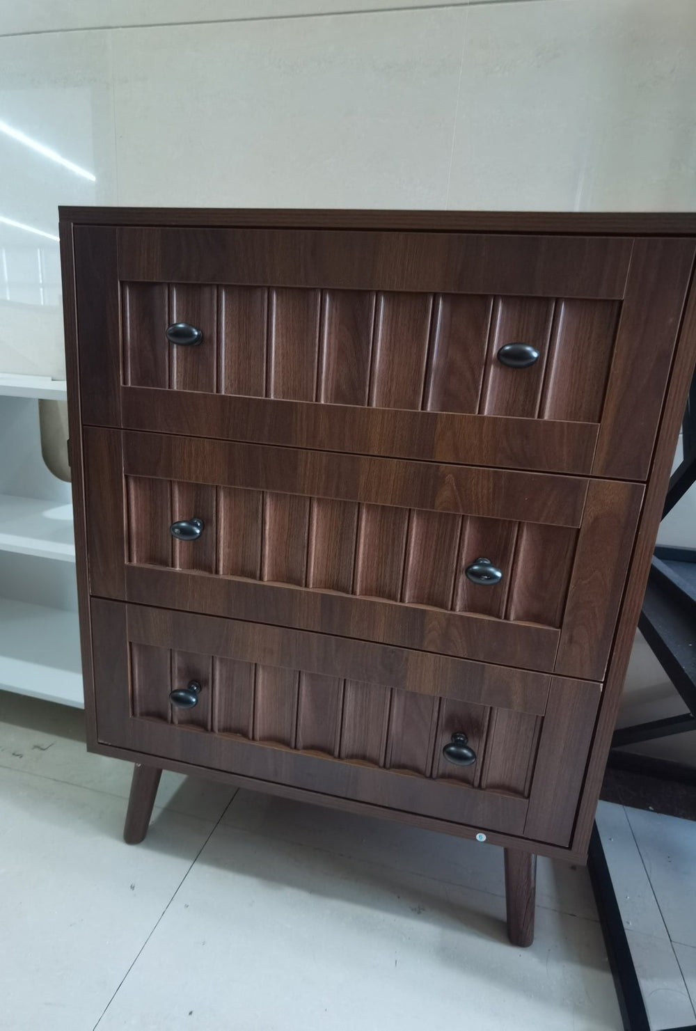 English Elm 3 Drawer Walnut Chest with Grooved Fronts Compact Modern Storage for Any Room W1706P465288