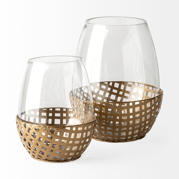 Mercana Reena Small Woven Metal Base Candle Holder with Hurricane Glass for Stylish Home Décor Lighting Gold Metal | 8H 68938