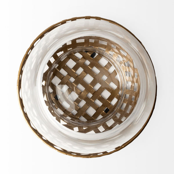 Mercana Reena Small Woven Metal Base Candle Holder with Hurricane Glass for Stylish Home Décor Lighting Gold Metal | 10H 68940